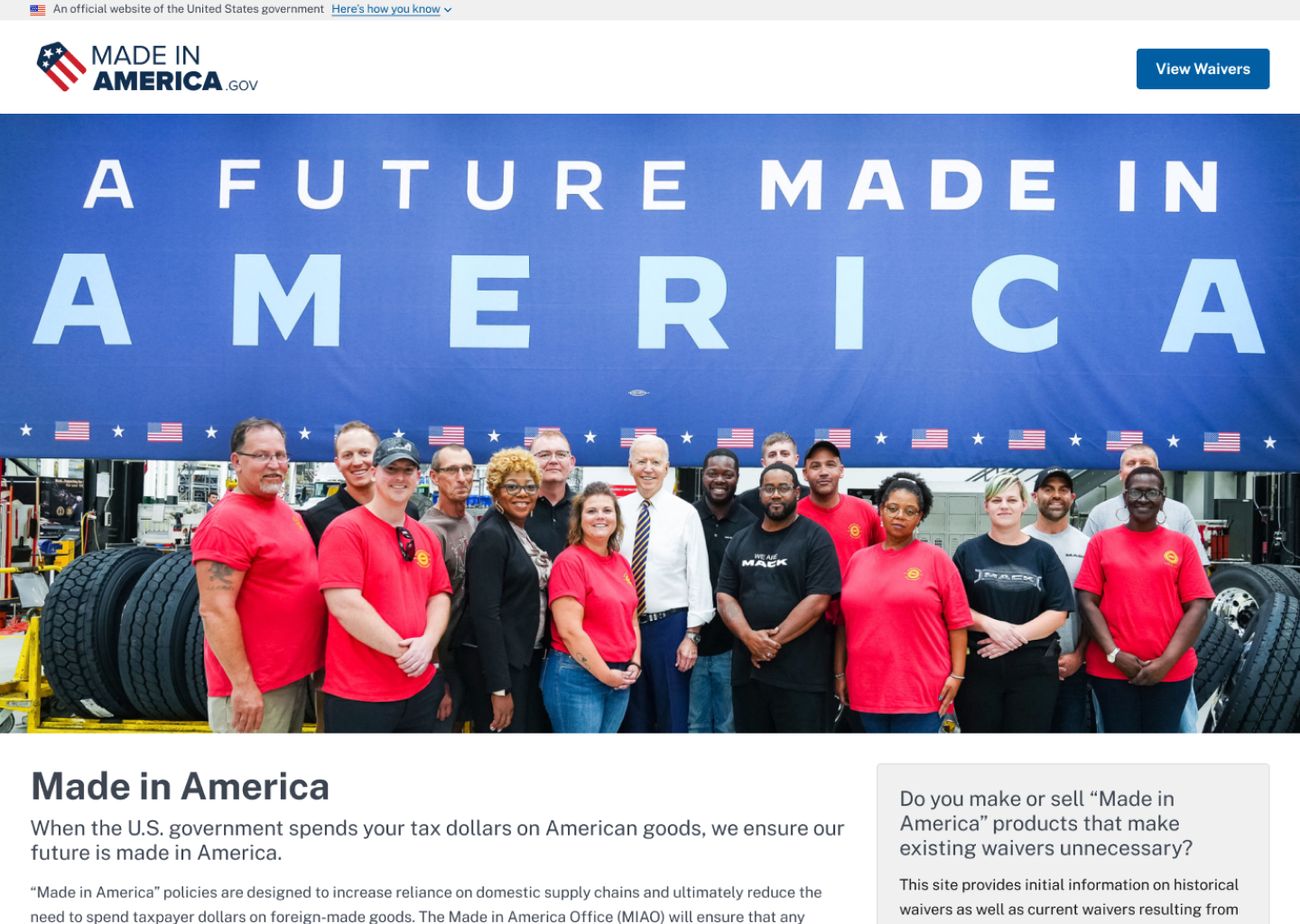 Header Section Screenshot of Made in America Website