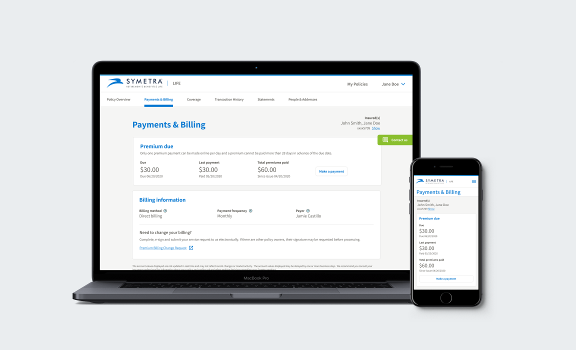 The Symetra payments page on desktop and mobile.