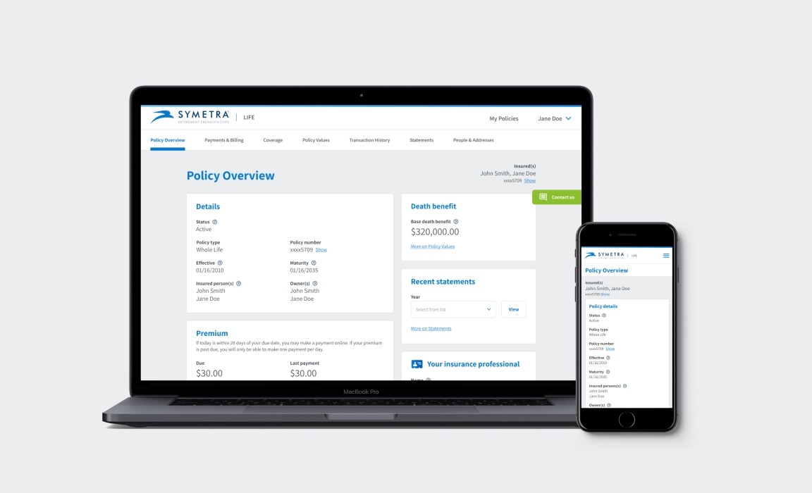 The Symetra policy details page on desktop and mobile.