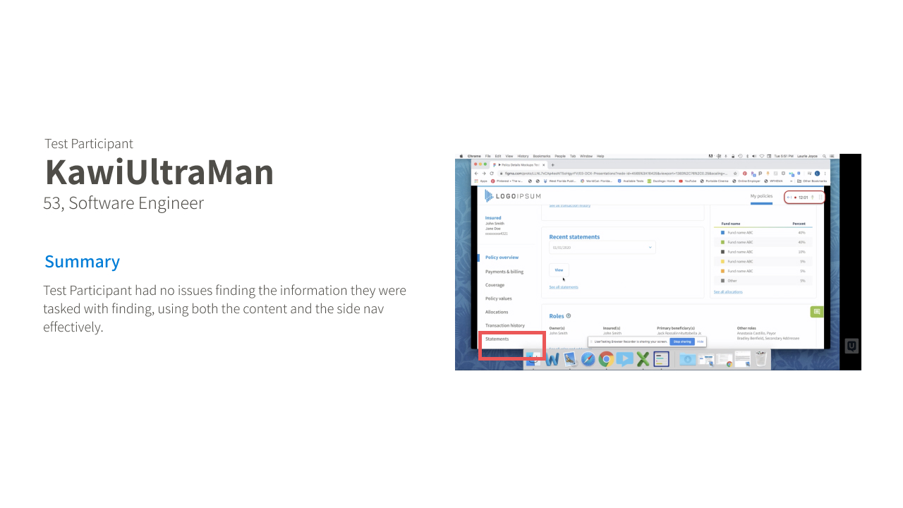 Usability test session overview for participant KawiUltraMan