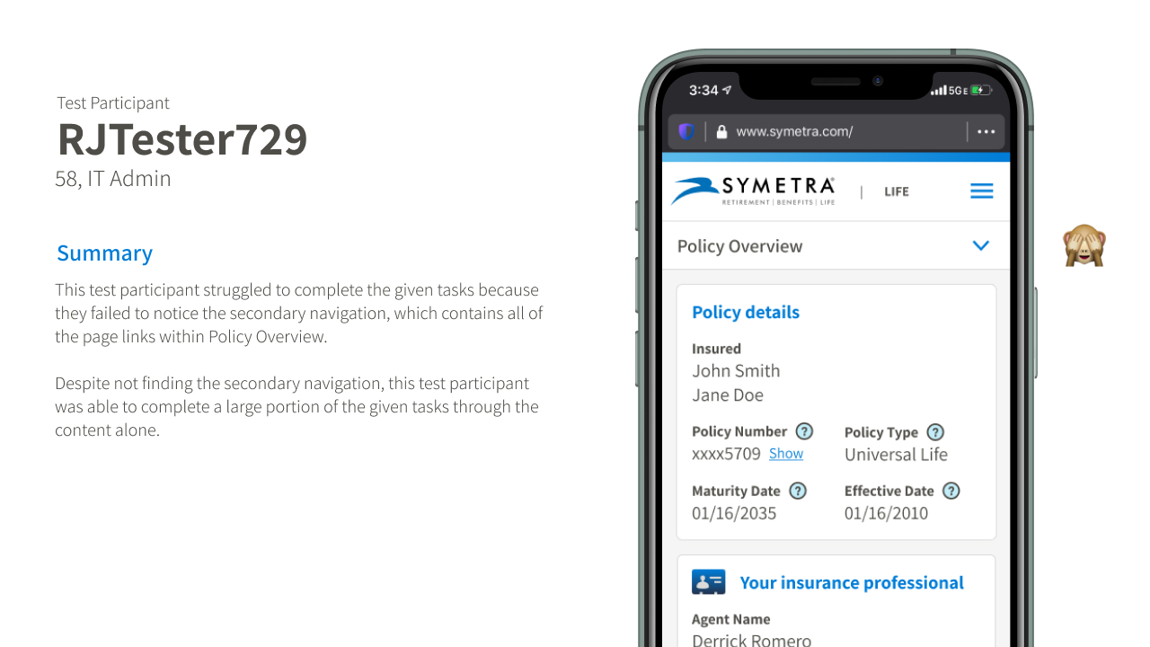Mobile usability test session overview for participant RJTester729