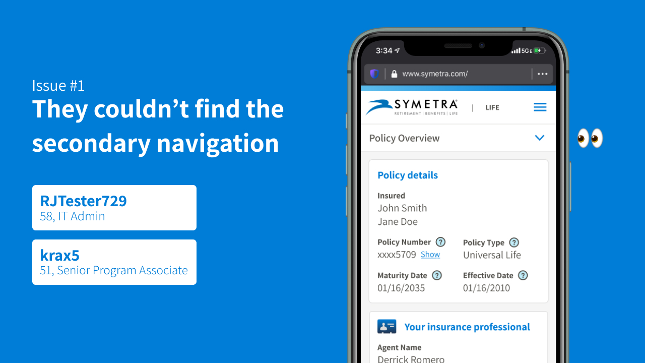 Usability issue one found in the mobile Policy Details test